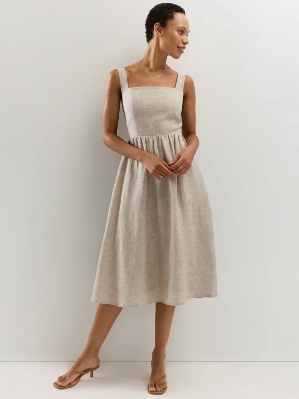 Quince 100% European Linen Fit & Flare Midi Dress in Flax Natural Beige size XS